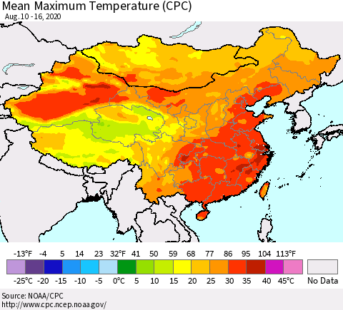 China, Mongolia and Taiwan Mean Maximum Temperature (CPC) Thematic Map For 8/10/2020 - 8/16/2020
