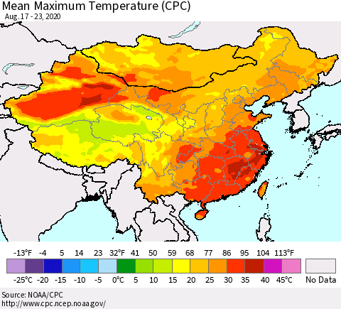 China, Mongolia and Taiwan Mean Maximum Temperature (CPC) Thematic Map For 8/17/2020 - 8/23/2020