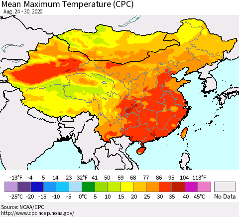 China, Mongolia and Taiwan Mean Maximum Temperature (CPC) Thematic Map For 8/24/2020 - 8/30/2020