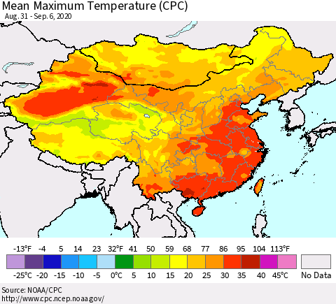 China, Mongolia and Taiwan Mean Maximum Temperature (CPC) Thematic Map For 8/31/2020 - 9/6/2020