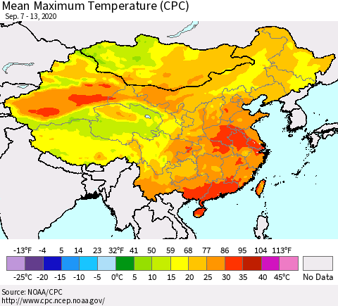China, Mongolia and Taiwan Mean Maximum Temperature (CPC) Thematic Map For 9/7/2020 - 9/13/2020