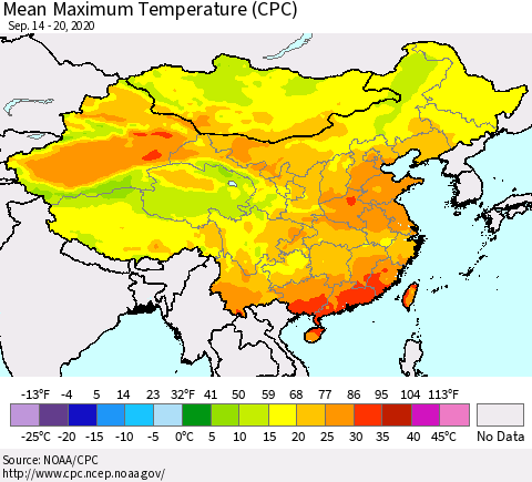 China, Mongolia and Taiwan Mean Maximum Temperature (CPC) Thematic Map For 9/14/2020 - 9/20/2020