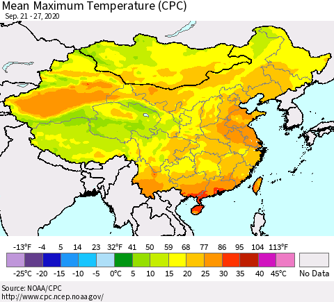 China, Mongolia and Taiwan Mean Maximum Temperature (CPC) Thematic Map For 9/21/2020 - 9/27/2020
