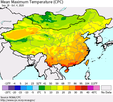 China, Mongolia and Taiwan Mean Maximum Temperature (CPC) Thematic Map For 9/28/2020 - 10/4/2020