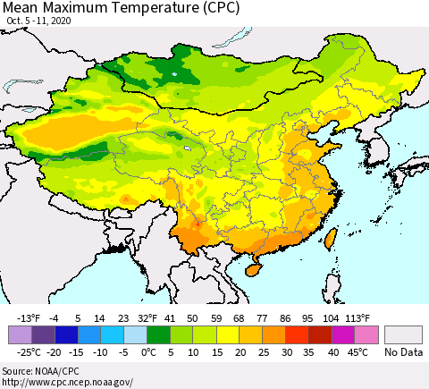 China, Mongolia and Taiwan Mean Maximum Temperature (CPC) Thematic Map For 10/5/2020 - 10/11/2020