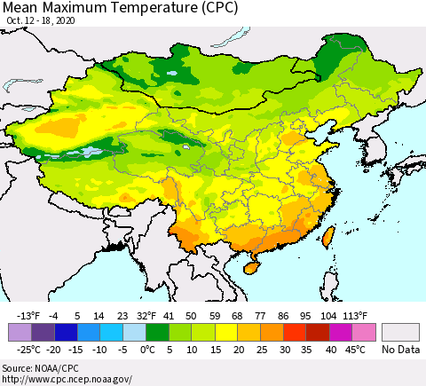 China, Mongolia and Taiwan Mean Maximum Temperature (CPC) Thematic Map For 10/12/2020 - 10/18/2020