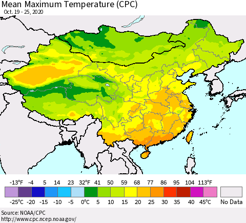 China, Mongolia and Taiwan Mean Maximum Temperature (CPC) Thematic Map For 10/19/2020 - 10/25/2020
