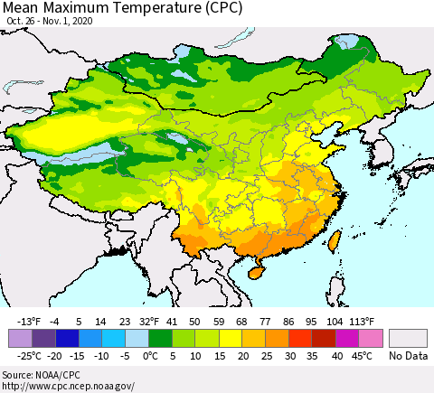 China, Mongolia and Taiwan Mean Maximum Temperature (CPC) Thematic Map For 10/26/2020 - 11/1/2020