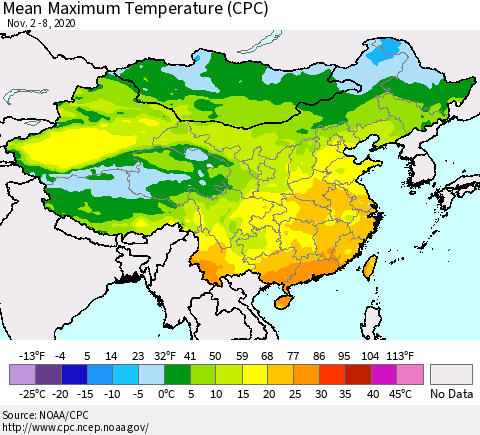 China, Mongolia and Taiwan Mean Maximum Temperature (CPC) Thematic Map For 11/2/2020 - 11/8/2020