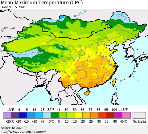 China, Mongolia and Taiwan Mean Maximum Temperature (CPC) Thematic Map For 11/9/2020 - 11/15/2020
