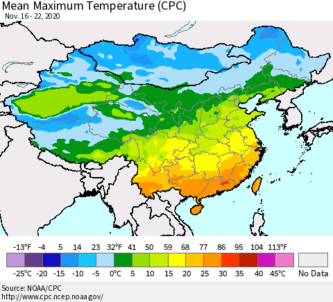 China, Mongolia and Taiwan Mean Maximum Temperature (CPC) Thematic Map For 11/16/2020 - 11/22/2020