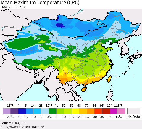 China, Mongolia and Taiwan Mean Maximum Temperature (CPC) Thematic Map For 11/23/2020 - 11/29/2020