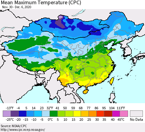 China, Mongolia and Taiwan Mean Maximum Temperature (CPC) Thematic Map For 11/30/2020 - 12/6/2020