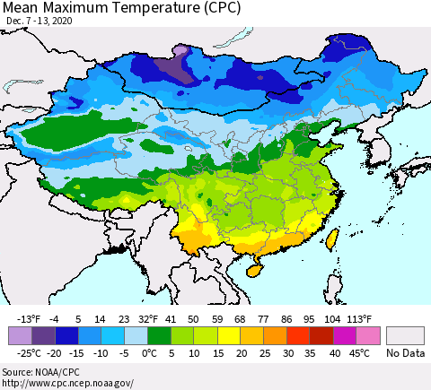 China, Mongolia and Taiwan Mean Maximum Temperature (CPC) Thematic Map For 12/7/2020 - 12/13/2020