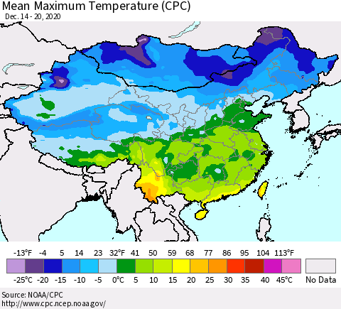 China, Mongolia and Taiwan Mean Maximum Temperature (CPC) Thematic Map For 12/14/2020 - 12/20/2020