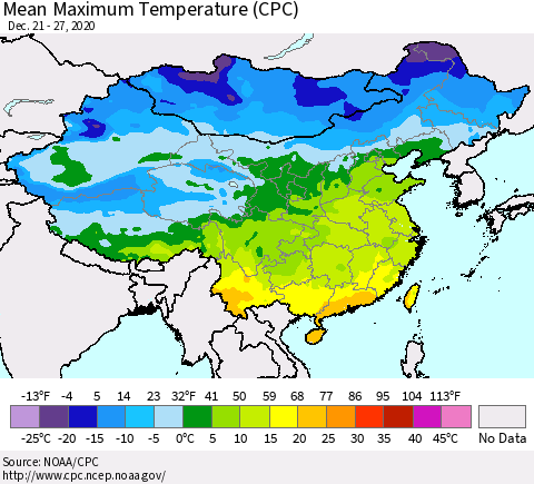 China, Mongolia and Taiwan Mean Maximum Temperature (CPC) Thematic Map For 12/21/2020 - 12/27/2020