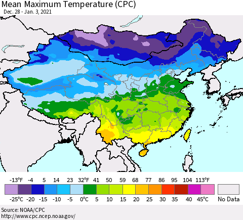 China, Mongolia and Taiwan Mean Maximum Temperature (CPC) Thematic Map For 12/28/2020 - 1/3/2021