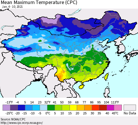 China, Mongolia and Taiwan Mean Maximum Temperature (CPC) Thematic Map For 1/4/2021 - 1/10/2021