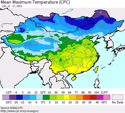 China, Mongolia and Taiwan Mean Maximum Temperature (CPC) Thematic Map For 1/11/2021 - 1/17/2021