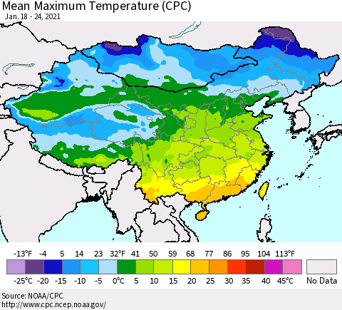 China, Mongolia and Taiwan Mean Maximum Temperature (CPC) Thematic Map For 1/18/2021 - 1/24/2021