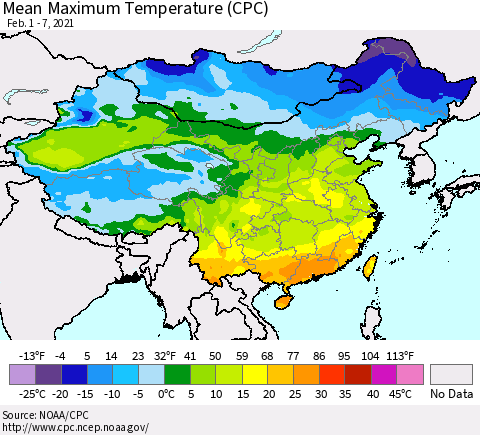 China, Mongolia and Taiwan Mean Maximum Temperature (CPC) Thematic Map For 2/1/2021 - 2/7/2021
