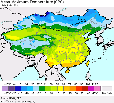 China, Mongolia and Taiwan Mean Maximum Temperature (CPC) Thematic Map For 2/8/2021 - 2/14/2021