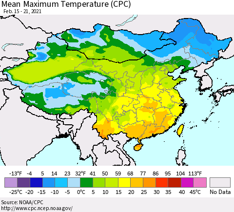 China, Mongolia and Taiwan Mean Maximum Temperature (CPC) Thematic Map For 2/15/2021 - 2/21/2021