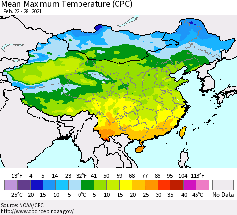 China, Mongolia and Taiwan Mean Maximum Temperature (CPC) Thematic Map For 2/22/2021 - 2/28/2021