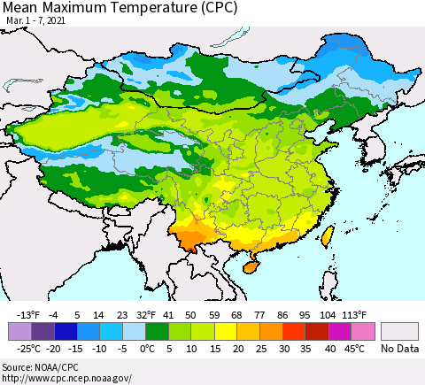 China, Mongolia and Taiwan Mean Maximum Temperature (CPC) Thematic Map For 3/1/2021 - 3/7/2021