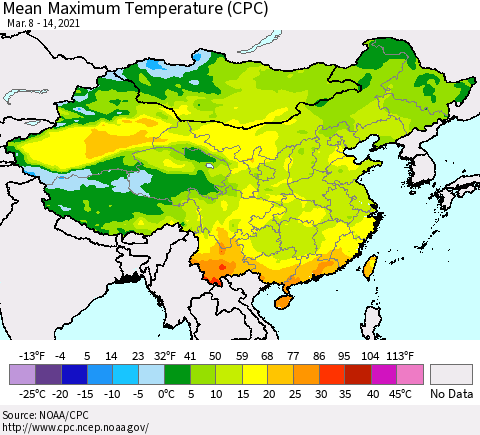 China, Mongolia and Taiwan Mean Maximum Temperature (CPC) Thematic Map For 3/8/2021 - 3/14/2021