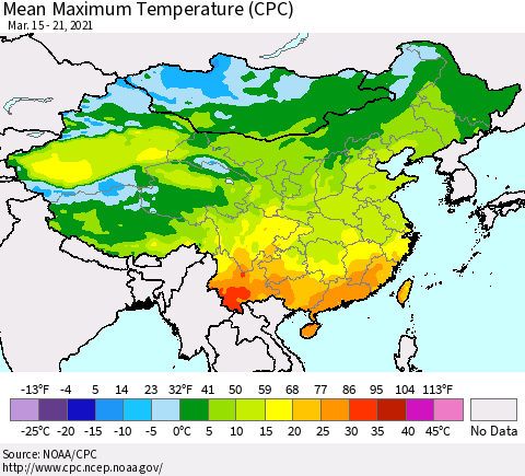 China, Mongolia and Taiwan Mean Maximum Temperature (CPC) Thematic Map For 3/15/2021 - 3/21/2021
