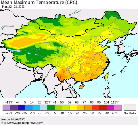 China, Mongolia and Taiwan Mean Maximum Temperature (CPC) Thematic Map For 3/22/2021 - 3/28/2021