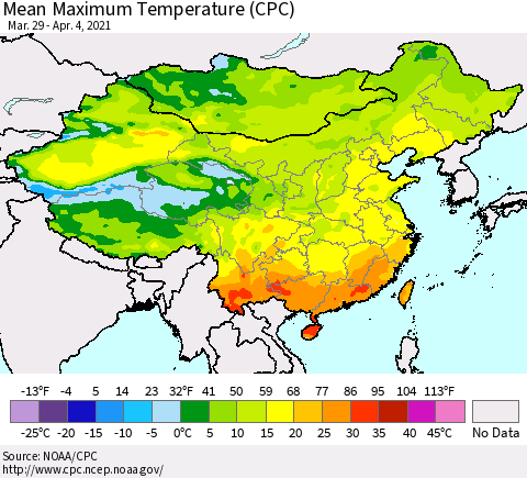 China, Mongolia and Taiwan Mean Maximum Temperature (CPC) Thematic Map For 3/29/2021 - 4/4/2021