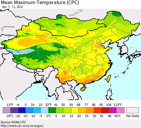 China, Mongolia and Taiwan Mean Maximum Temperature (CPC) Thematic Map For 4/5/2021 - 4/11/2021