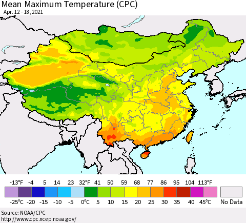 China, Mongolia and Taiwan Mean Maximum Temperature (CPC) Thematic Map For 4/12/2021 - 4/18/2021