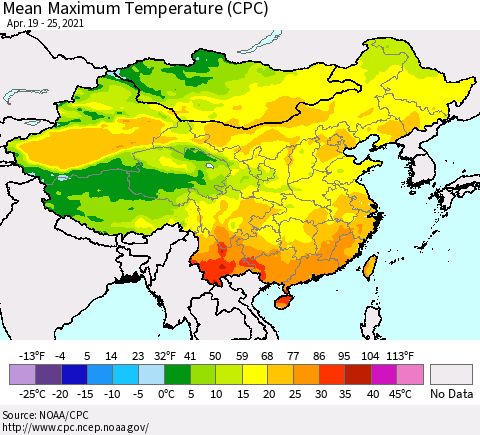 China, Mongolia and Taiwan Mean Maximum Temperature (CPC) Thematic Map For 4/19/2021 - 4/25/2021