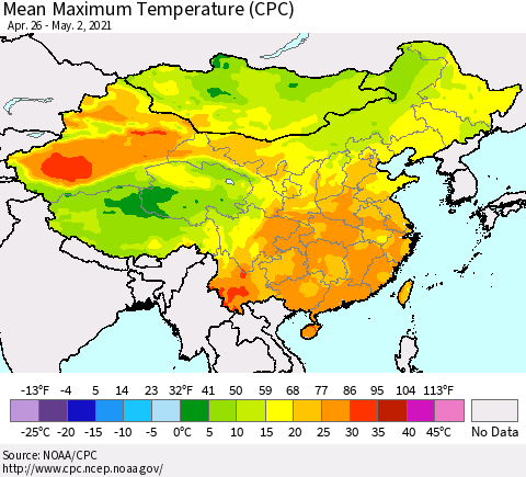 China, Mongolia and Taiwan Mean Maximum Temperature (CPC) Thematic Map For 4/26/2021 - 5/2/2021