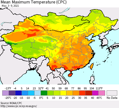 China, Mongolia and Taiwan Mean Maximum Temperature (CPC) Thematic Map For 5/3/2021 - 5/9/2021