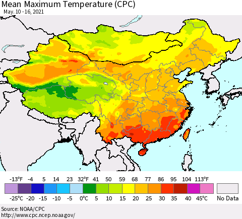 China, Mongolia and Taiwan Mean Maximum Temperature (CPC) Thematic Map For 5/10/2021 - 5/16/2021