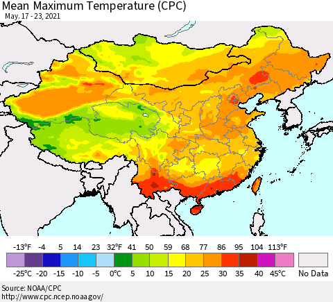 China, Mongolia and Taiwan Mean Maximum Temperature (CPC) Thematic Map For 5/17/2021 - 5/23/2021