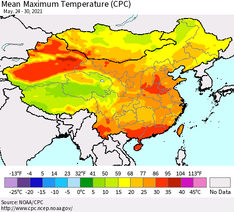 China, Mongolia and Taiwan Mean Maximum Temperature (CPC) Thematic Map For 5/24/2021 - 5/30/2021