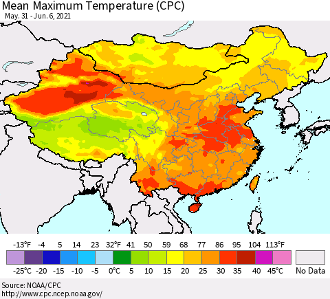 China, Mongolia and Taiwan Mean Maximum Temperature (CPC) Thematic Map For 5/31/2021 - 6/6/2021