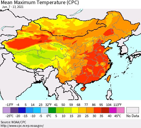 China, Mongolia and Taiwan Mean Maximum Temperature (CPC) Thematic Map For 6/7/2021 - 6/13/2021