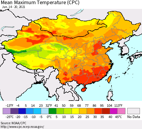 China, Mongolia and Taiwan Mean Maximum Temperature (CPC) Thematic Map For 6/14/2021 - 6/20/2021