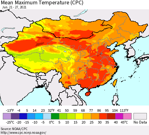 China, Mongolia and Taiwan Mean Maximum Temperature (CPC) Thematic Map For 6/21/2021 - 6/27/2021