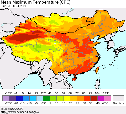 China, Mongolia and Taiwan Mean Maximum Temperature (CPC) Thematic Map For 6/28/2021 - 7/4/2021