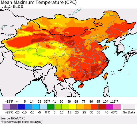 China, Mongolia and Taiwan Mean Maximum Temperature (CPC) Thematic Map For 7/12/2021 - 7/18/2021