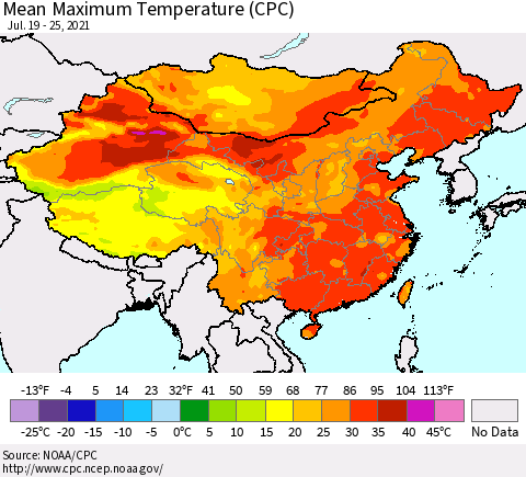 China, Mongolia and Taiwan Mean Maximum Temperature (CPC) Thematic Map For 7/19/2021 - 7/25/2021