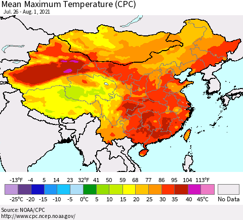 China, Mongolia and Taiwan Mean Maximum Temperature (CPC) Thematic Map For 7/26/2021 - 8/1/2021