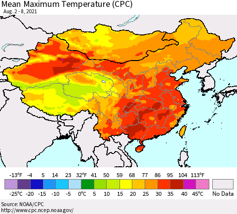 China, Mongolia and Taiwan Mean Maximum Temperature (CPC) Thematic Map For 8/2/2021 - 8/8/2021